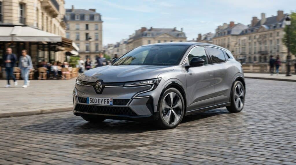 500 Kilometre Menzilli Yenilenen Renault Megane E-Tech'in Avrupa Etiketi Belli Oldu 2 Arnavut kaldırımlı bir sokakta seyreden gri renkli Renault Megane E-Tech.