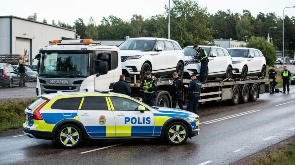 Alibaba'dan Alınan Range Rover Görünümlü Araçlara İsveç'te Polis Baskını 2 İsveç'te polis ekipleri, üzerinde Range Rover logoları ve tasarımları bulunan Çin yapımı taklit lüks araçları taşıyan bir tırın etrafında inceleme yapıyor.