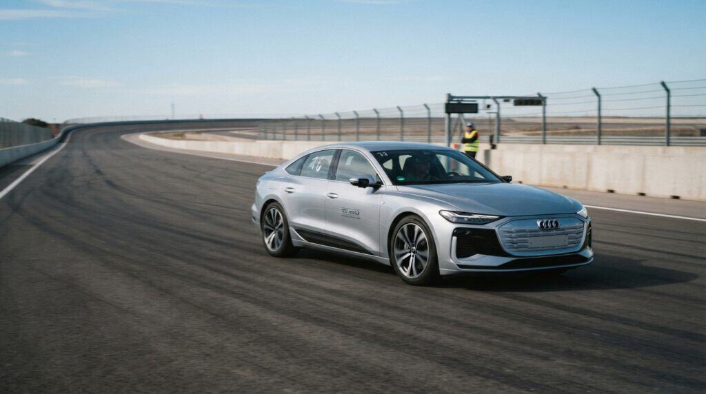 Audi A6 e-tron Tek Şarjla 1.338 Kilometre Yol Kat ederek Menzil Rekoru Kırdı 2 Audi A6 e-tron, yarış pistinde virajı dönüyor.