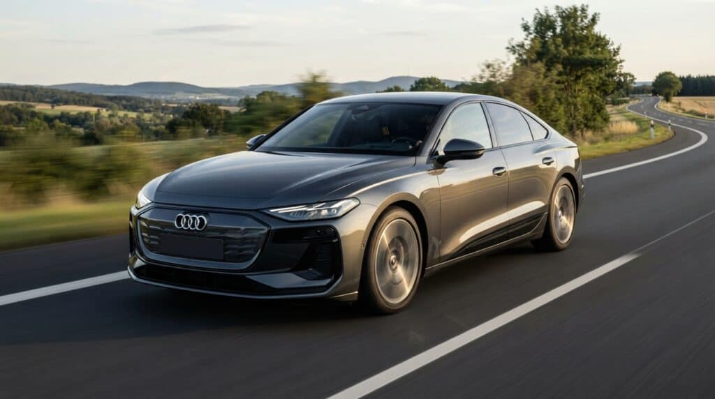 Audi A6 e-tron Tek Şarjla Ulaşılan Menzilde Çıtayı Yükseğe Koydu 2 Güneşli bir günde kıvrımlı bir yolda hareket eden gri Audi A6 e-tron otomobil.