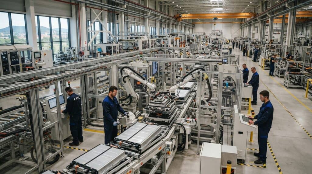 CATL'ın Macaristan'daki fabrikasında batarya üretim hattında çalışan işçiler ve otomatik robotlar görülmektedir.