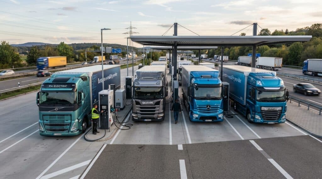 Avrupa'da Elektrikli Kamyon Şarj Talebi Hızla Artıyor: Geleceğin Lojistik Rotaları Şekilleniyor 2 Avrupa'daki bir otoyol kenarında bulunan şarj istasyonunda park etmiş Volvo FH Electric, Scania, Mercedes ve DAF elektrikli kamyonlar.