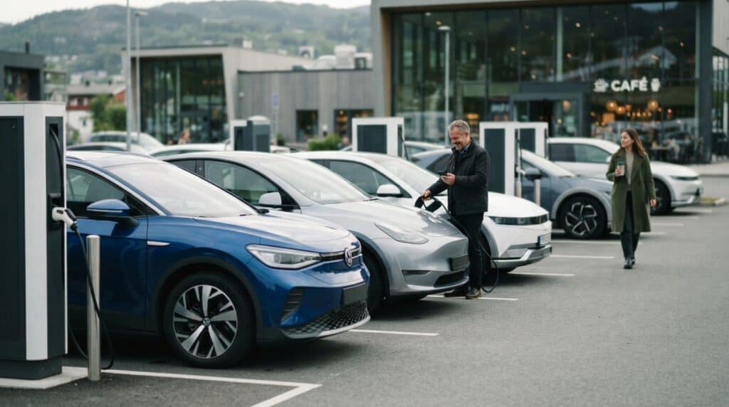Avrupa'da Elektrikli Otomobil Satışları Beklentileri Geride Bıraktı: Her Üç Araçtan Biri Elektrikli 5 Şarj istasyonunda park halinde bulunan elektrikli otomobiller ve araçlarını şarj eden insanlar görülüyor.