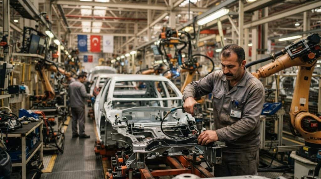 Türkiye'deki bir otomotiv fabrikasında üretim hattında çalışan işçiler görülüyor.