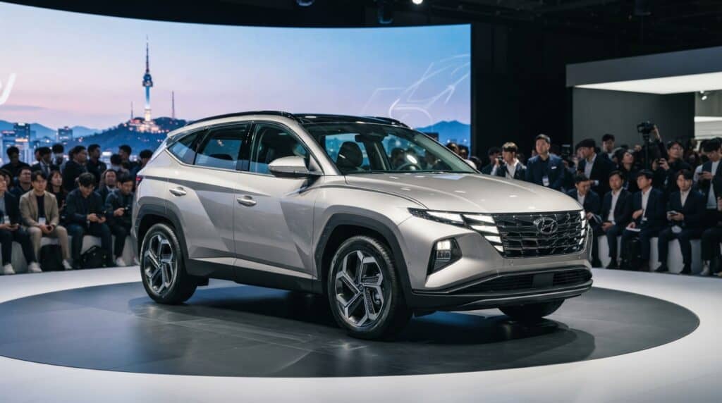 Bir otomotiv fuarında, Seul silüetini gösteren dev bir ekranın önünde dönen platform üzerinde sergilenen beşinci nesil gri Hyundai Tucson.