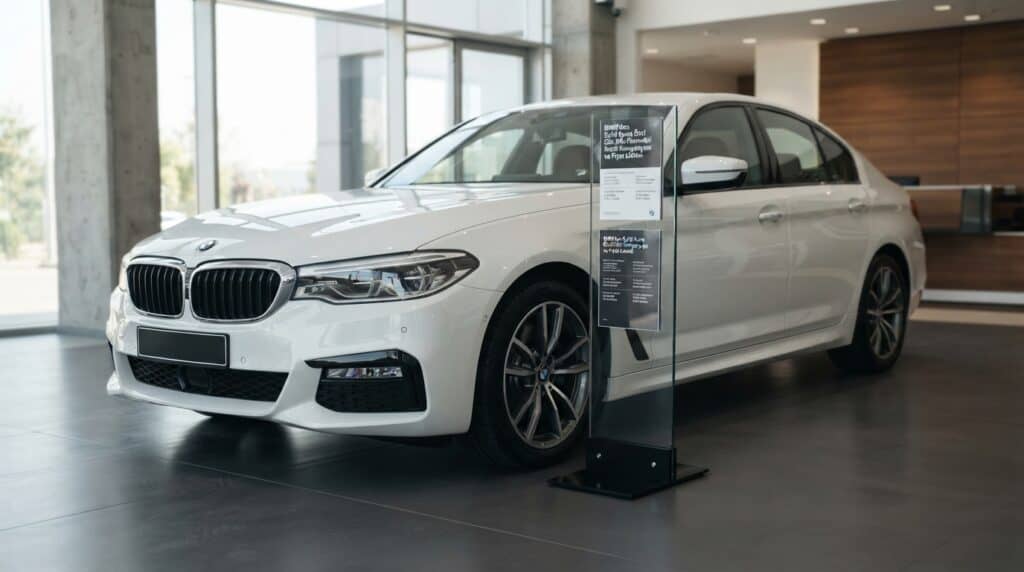 BMW'den Eylül Ayına Özel Sıfır Otomobil Kredi Kampanyası ve Fiyat Listesi 14 Bir otomobil bayisinde sergilenen beyaz renkli bir BMW otomobil.