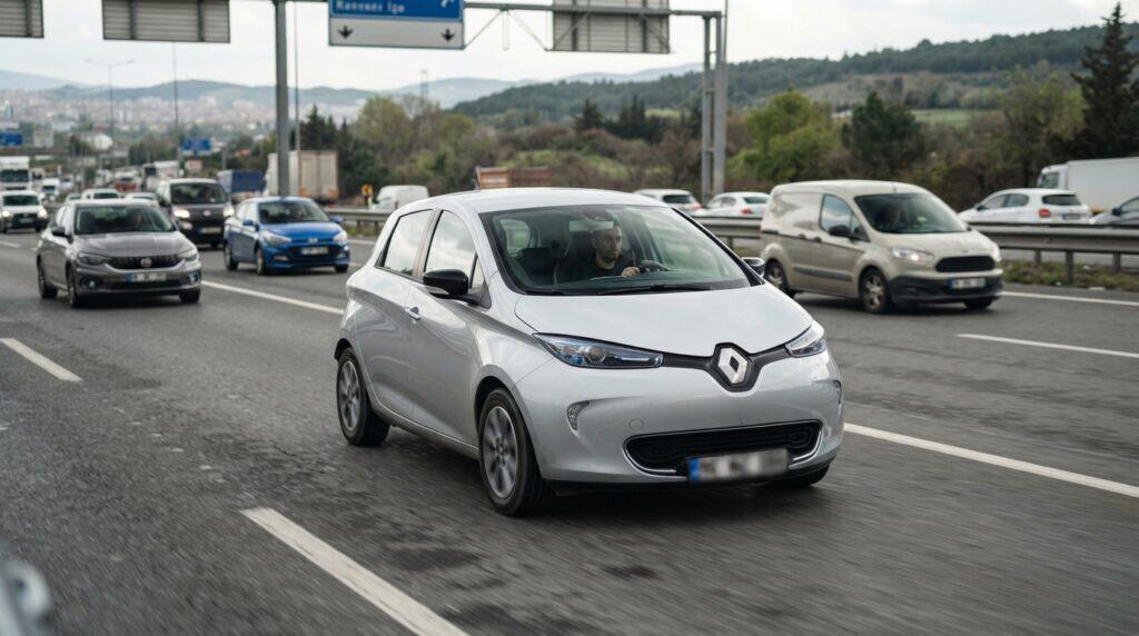 Bütçe Dostu Elektrikli Otomobiller Gerçek Yol Şartlarında Ne Kadar Menzil Sunuyor? 9 Trafikte akan araçların arasında giden gri bir Renault Zoe elektrikli otomobil.