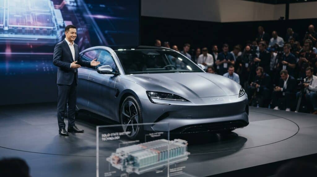 BYD Katı Hal Bataryalı İlk Elektrikli Otomobili İçin 2027 Tarihini İşaret Etti 2 BYD CEO'su, BYD logolu gri elektrikli otomobilin önünde sahneye çıkıyor.