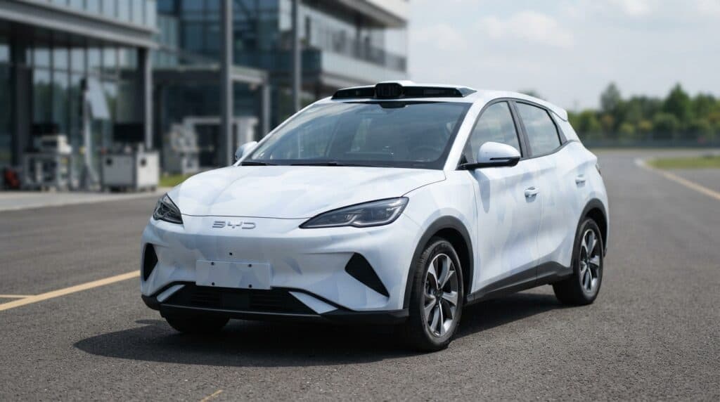BYD'den Yeni Hamle: LiDAR Teknolojili Great Seagull Ortaya Çıktı 2 Asfaltta duran, tavanında LiDAR sensörü bulunan ve hafif kamufle edilmiş BYD Great Seagull elektrikli otomobil.