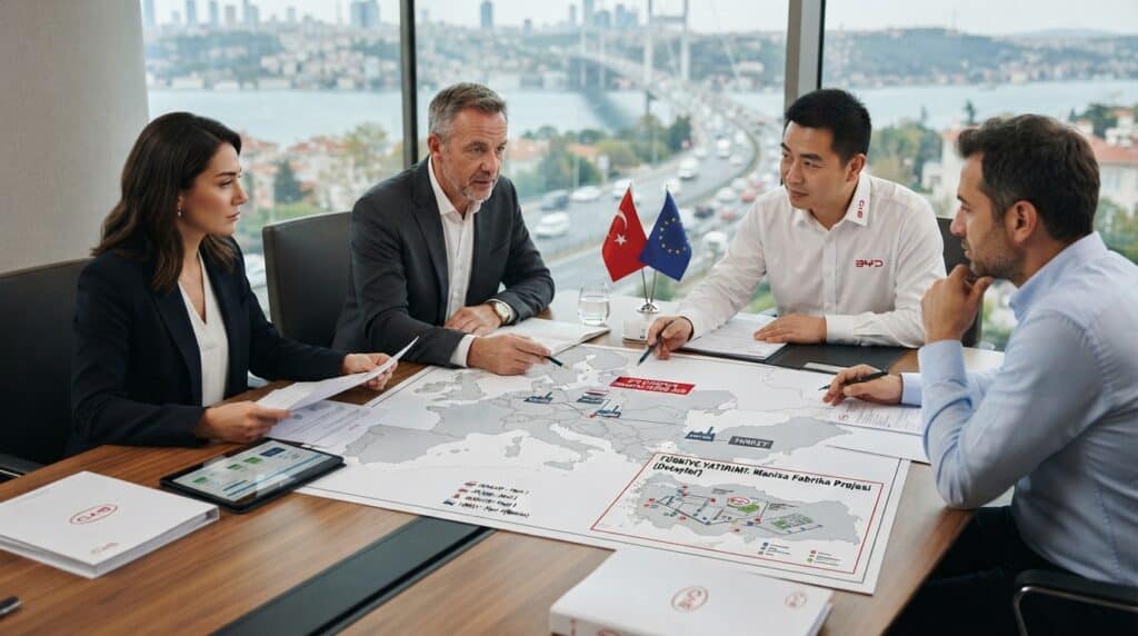 BYD'nin Avrupa üretim stratejisini ve Türkiye yatırımını görüşen yönetim ekibi, önlerindeki harita üzerinden toplantı yapıyor.