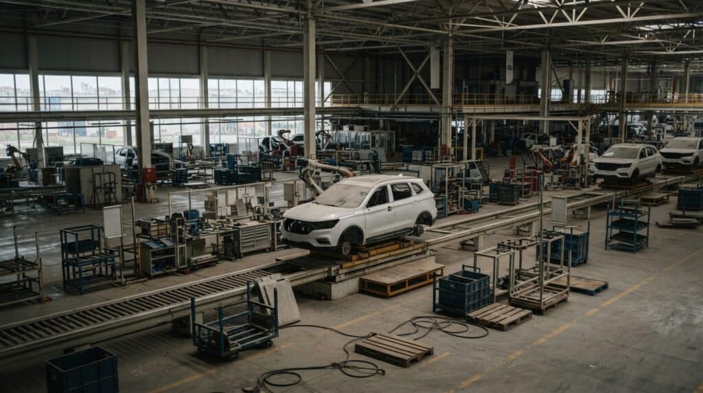Bir otomobil fabrikasının montaj hattında yer alan beyaz gövdeli araçlar ve üretim ekipmanları.