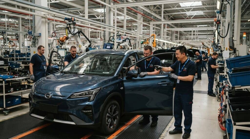 Çinli Üretici GAC'tan Avrupa Hamlesi: Üretim Yerelleşiyor 2 GAC marka elektrikli SUV'un montaj hattında üretim ve kalite kontrolünü yapan fabrika çalışanları.
