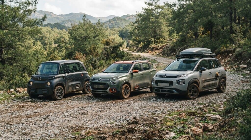 Citroen'den Macera Ruhu: C3, C3 Aircross ve Ami için OUTDOOR Serisi Tanıtıldı 1 Engebeli bir orman yolunda park etmiş Citroen Ami, Citroen C3 ve Citroen C3 Aircross Outdoor serisi araçlar yan yana duruyor.