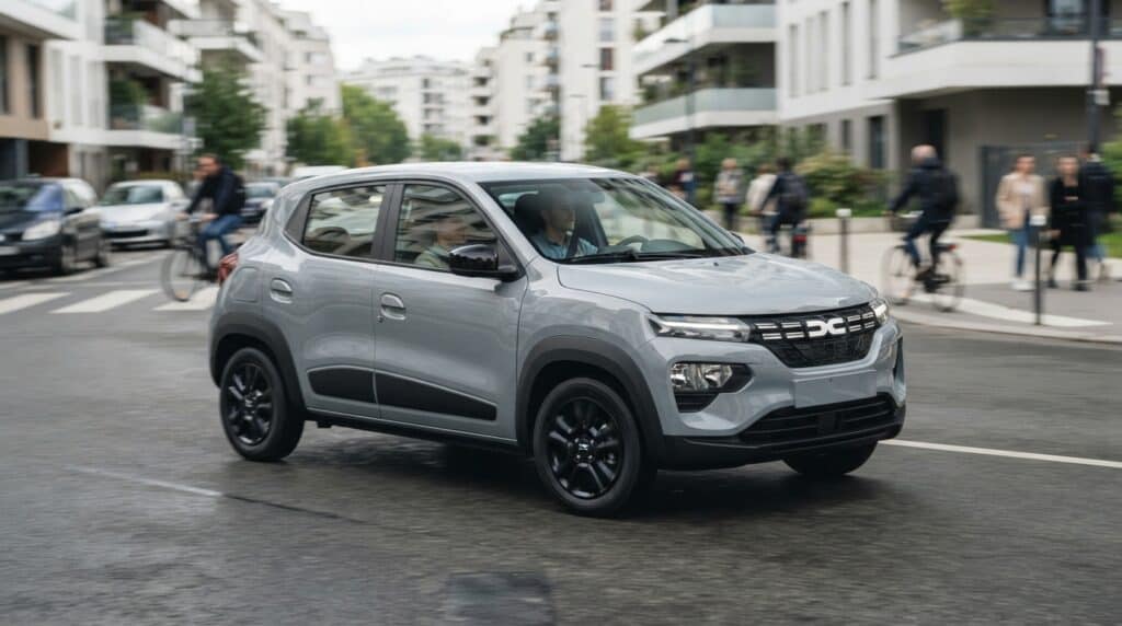 Dacia Hipster Geliyor: 15 Bin Euronun Altındaki Yeni Elektrikli Şehir Otomobili 2 Şehir içi yolda seyreden gri renkli Dacia elektrikli otomobil.
