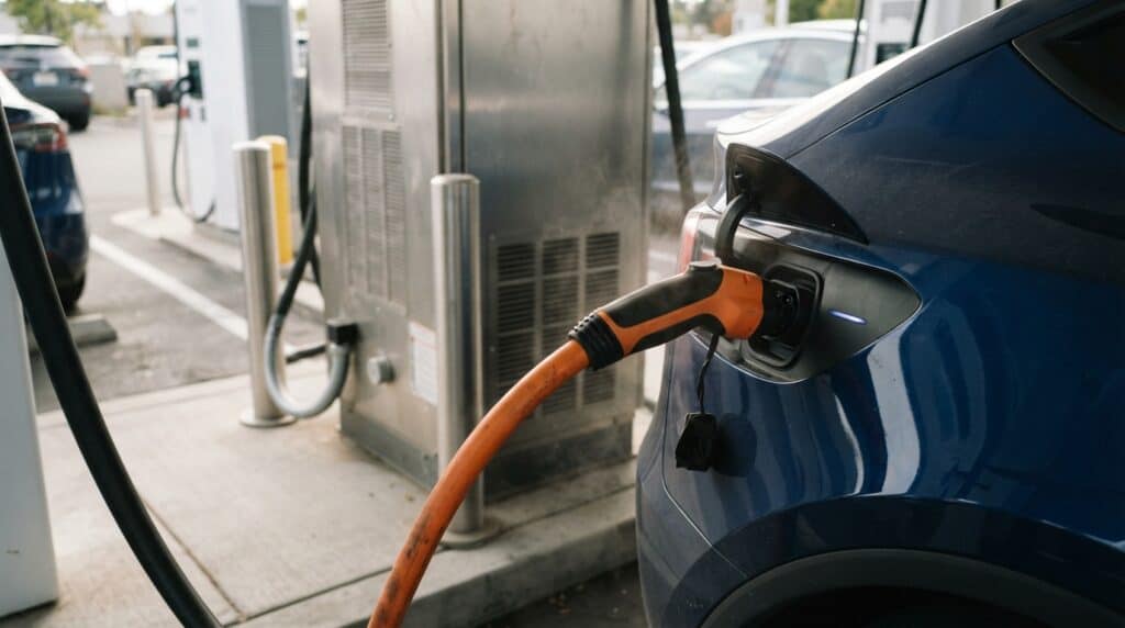 DC Şarj Bataryayı Yıpratır mı? Hızlı Şarjın Etkisi 2 Şarj istasyonuna bağlanmış, turuncu kablolu bir elektrikli otomobilin detay görüntüsü.