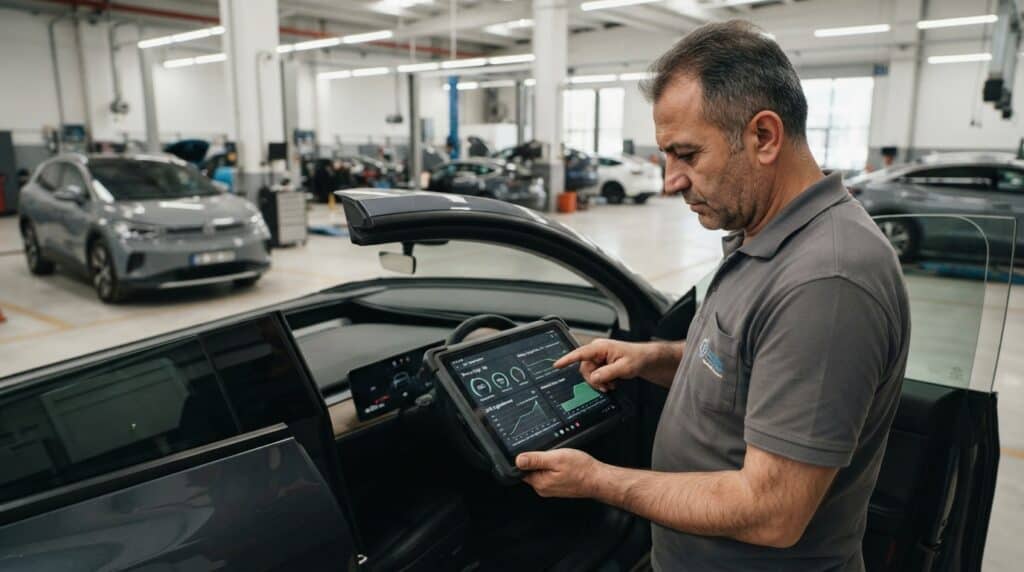 Elektrikli Araç İkinci El Değer Kaybı: 2026 Rehberi 2 Geniş bir oto servisinde gri renkli bir elektrikli otomobilin içini ve göstergelerini kontrol eden gri polo yaka tişörtlü erkek teknisyen.