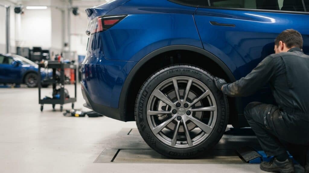 Elektrikli Araç Lastik Seçimi: 2026 Rehberi 2 Bir otomotiv servisindeki tamirci, mavi renkli Tesla Model Y'nin Michelin marka lastiğini kontrol ediyor.