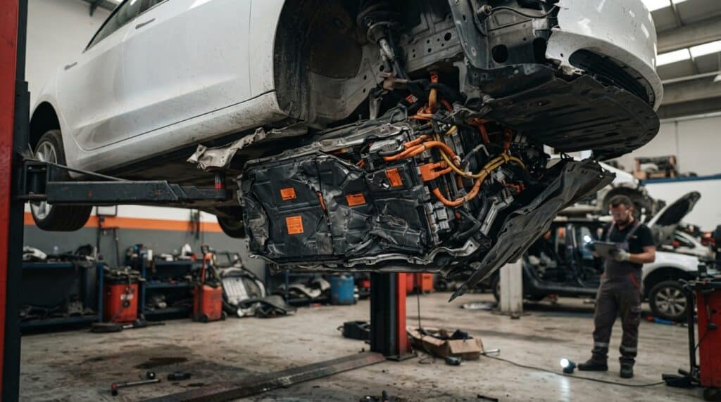 Bir oto tamirhanesinde hidrolik liftle kaldırılmış olan, alt kısmı ve bataryası ağır hasar almış beyaz bir elektrikli araç görülüyor.