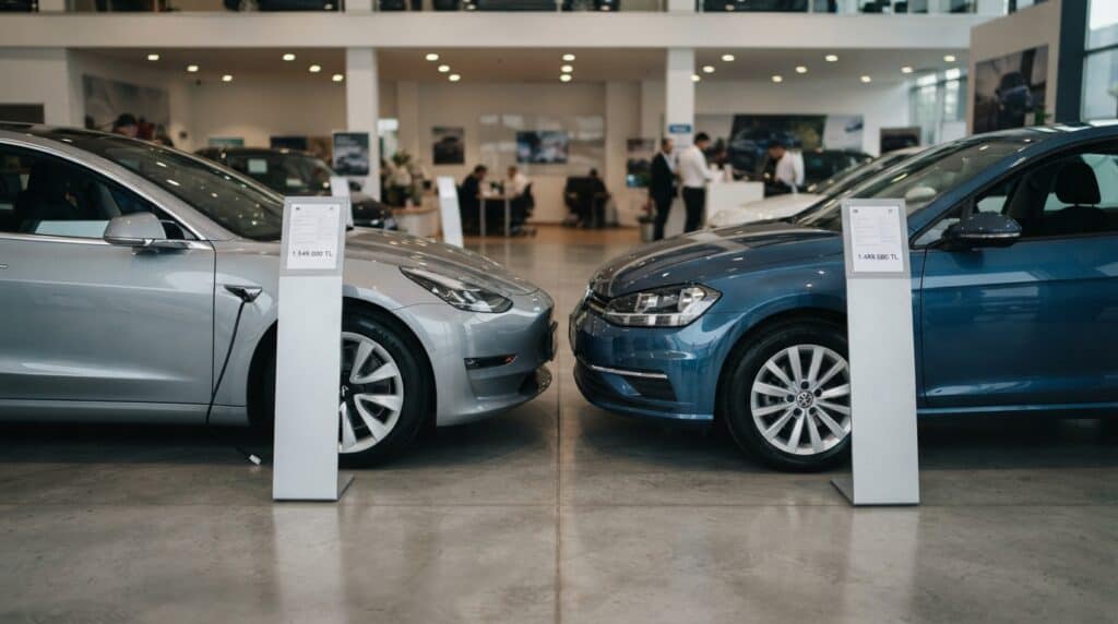 İç mekanında elektrikli Tesla Model 3 ve benzinli bir Volkswagen Golf'ün yan yana sergilendiği bir araba galerisi.