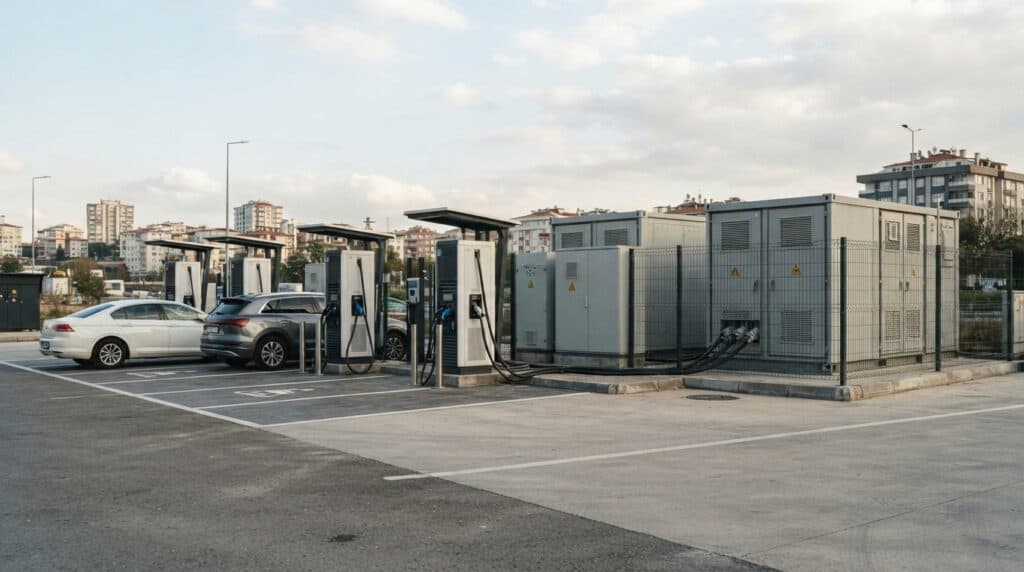 Şehir içi açık otoparkta kurulu elektrikli araç şarj istasyonları ve arka planda trafo üniteleri.