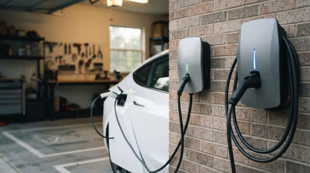 Ev Tipi Elektrikli Araç Şarj Cihazı Seçimi: 7 kW vs 11 kW 2 Bir garajın tuğla duvarına monte edilmiş iki Tesla Wall Connector elektrikli araç şarj cihazı, şarj kabloları ve şarj olan beyaz bir araba.