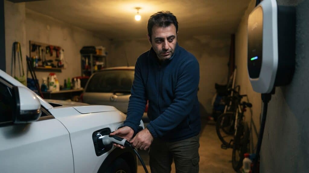 Garajında beyaz renkli elektrikli aracını duvar tipi şarj istasyonuyla şarj eden bir adam görünüyor.