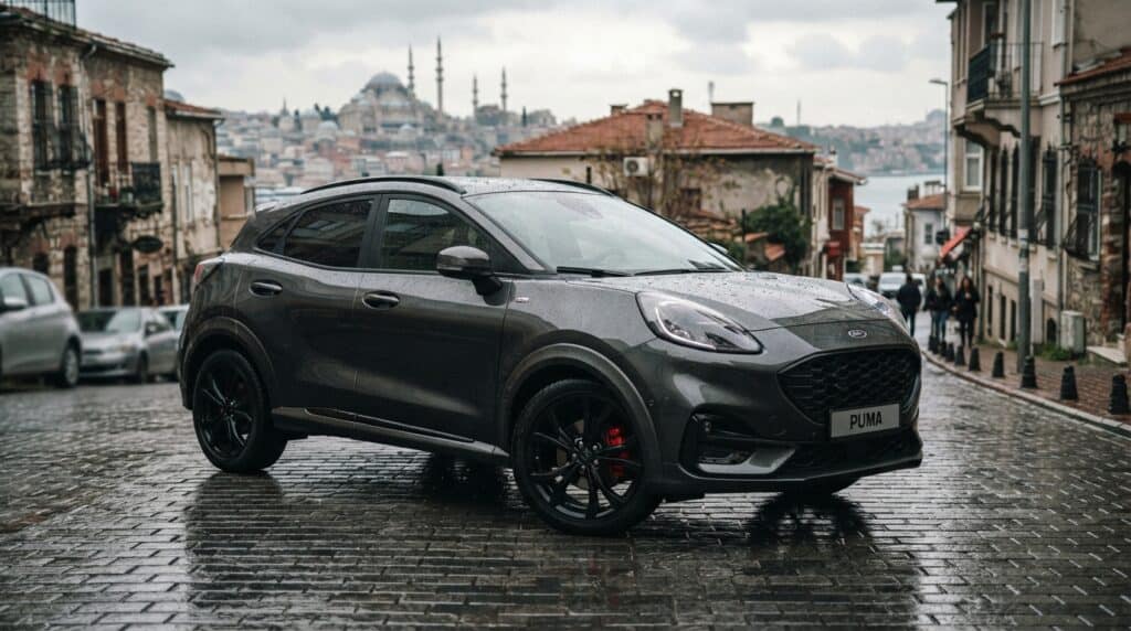 Arnavut kaldırımlı tarihi bir sokakta park halindeki gri renkli Ford Puma ST-Line Black Edition otomobil.