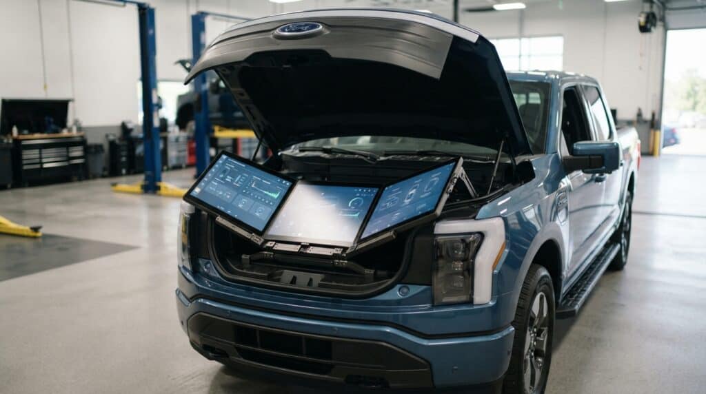 Ford'dan Elektrikli Araçlar İçin Şaşırtıcı Patent: Ön Bagajda Katlanabilir Ekran 2 Bir oto servisinde ön bagajında açılıp katlanabilen üçlü ekran sistemi yerleştirilmiş mavi renkli bir Ford F-150 Lightning elektrikli kamyonet.