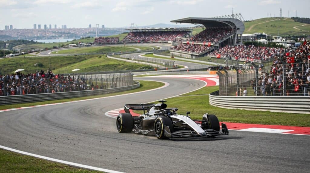 İstanbul Park pistindeki bir virajı dönen gri bir Formula 1 yarış aracı ve arkasında tribünleri dolduran kalabalık.