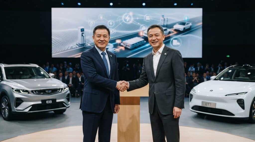 Sahnedeki ahşap kürsünün arkasında tokalaşan Geely ve Nio yöneticilerinin yanında sağda Nio ET7 ve solda Geely E8 otomobilleri duruyor.