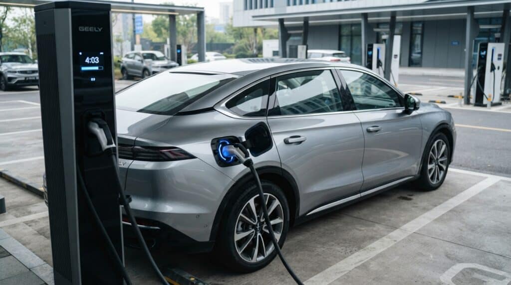 Geely'den Elektrikli Araçlarda 4 Dakikalık Şarj Devrimi 5 Geely marka gri elektrikli bir otomobil, şarj istasyonuna bağlı olarak şarj ediliyor.