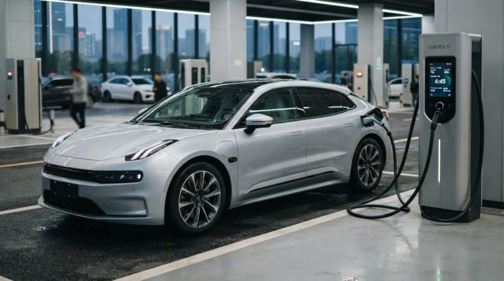 Bir kapalı otoparkta şarj istasyonuna bağlı duran gri renkli bir Geely elektrikli otomobil.