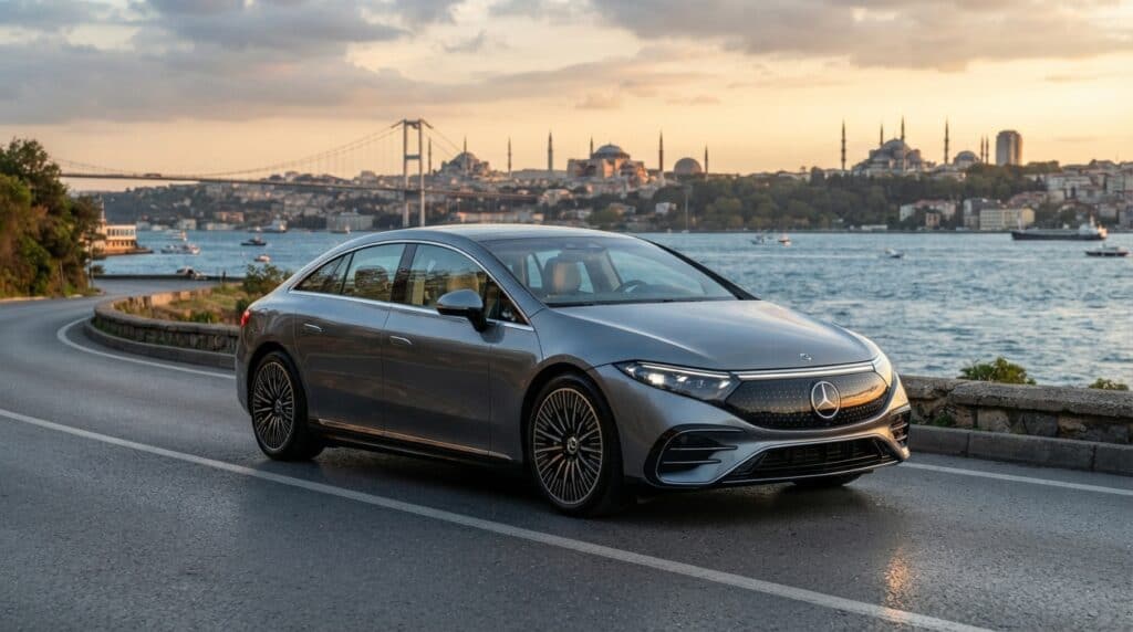 İstanbul Boğazı ve tarihi yarımada manzaralı kıyı yolunda seyreden gri renkli Mercedes-Benz EQS.