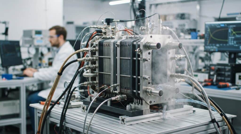 Laboratuvarda test edilen, üzerine çok sayıda kablo ve boru bağlanmış, buhar çıkaran büyük bir hidrojen yakıt hücresi yığını.
