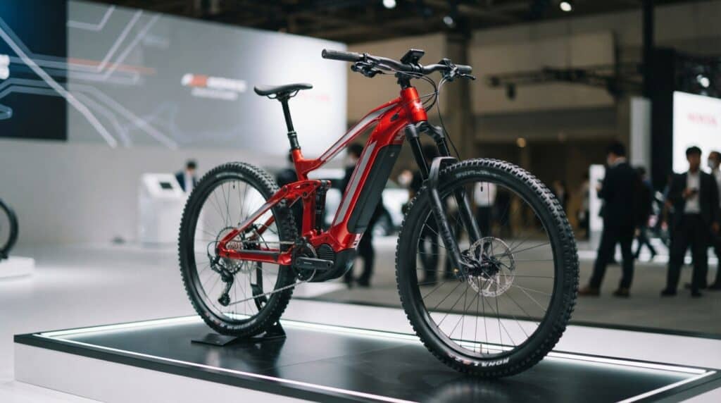Honda elektrikli dağ bisikleti prototipi, fuar standındaki podyumda sergileniyor.