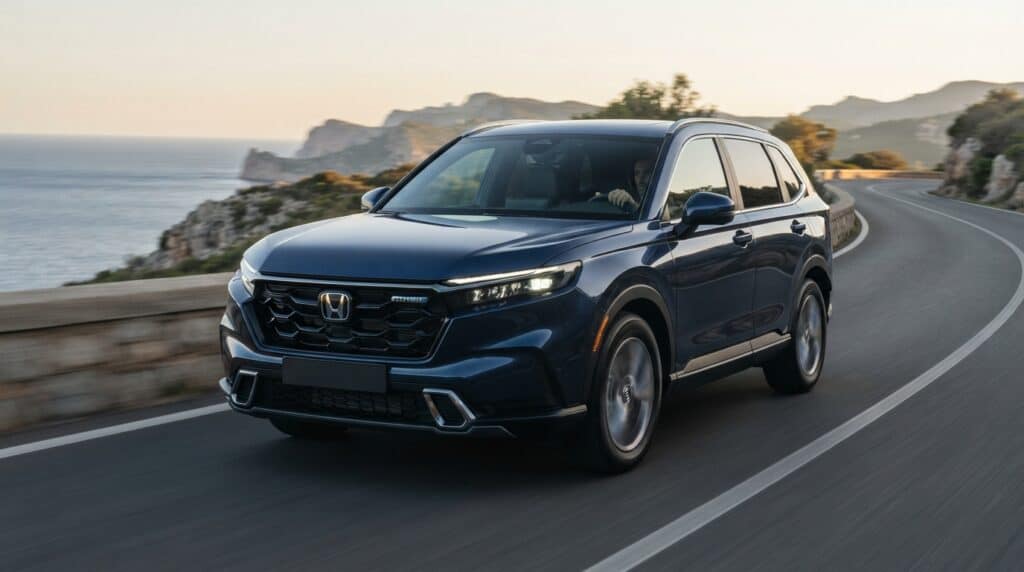 Honda'dan Strateji Değişikliği: Beşinci Nesil Hibrit Teknolojisi 2027'de CR-V ile Geliyor 2 Lacivert Honda CR-V, deniz kenarındaki virajlı bir yolda hareket halinde ilerliyor.