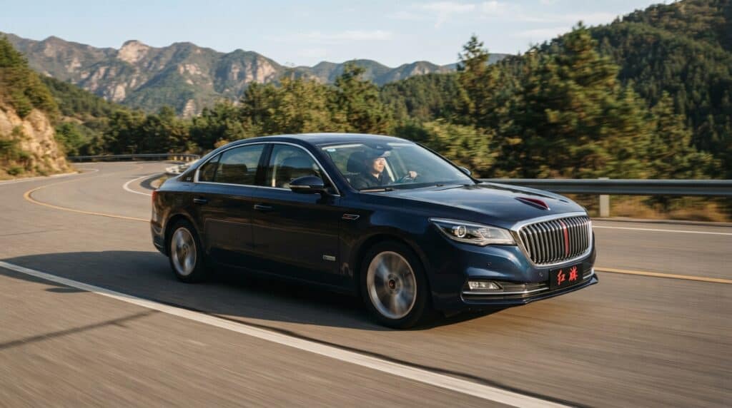 Dağ yolunda seyir halinde olan koyu renkli Hongqi H7 hibrit sedan otomobil.