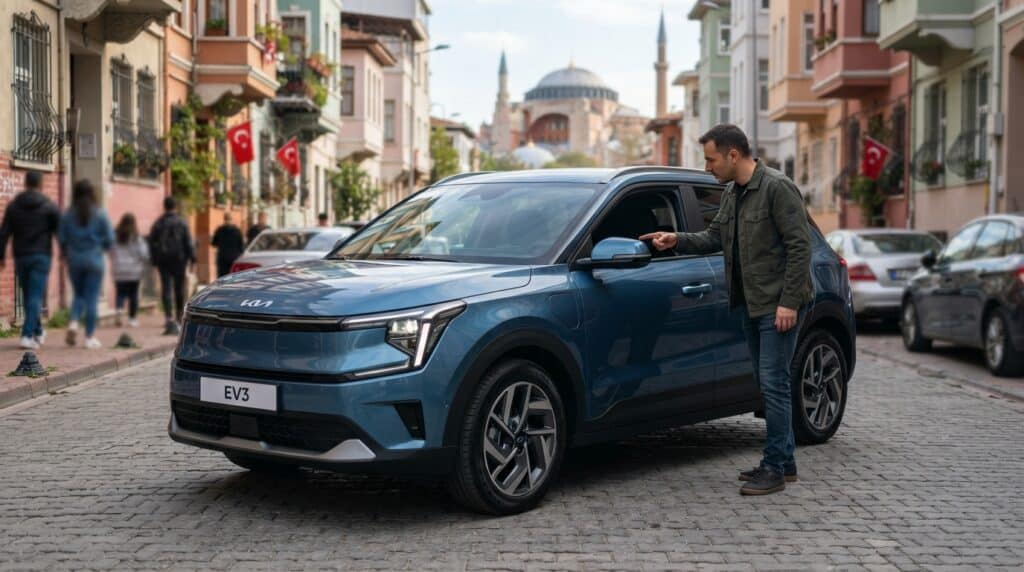 Kia EV3 Türkiye'de Kimlere Uyar? Kompakt SUV İncelemesi 2 İstanbul'un tarihi sokaklarında park edilmiş mavi renkli Kia EV3 kompakt SUV aracını inceleyen bir erkek.