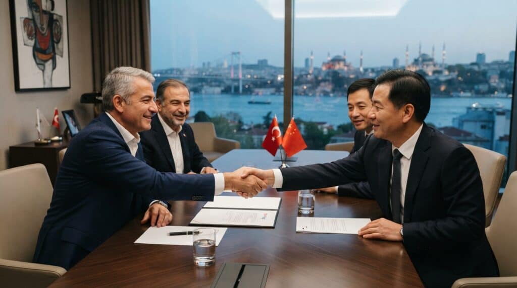 Toplantı masasında karşılıklı oturan iş insanları el sıkışırken, arkalarında Boğaz manzarası görünüyor.