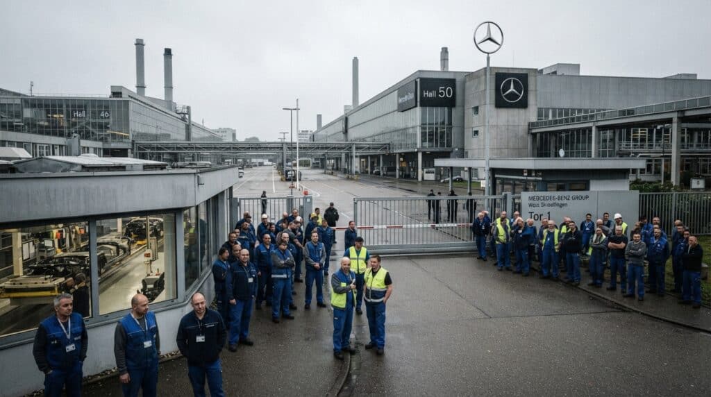 Mercedes-Benz Almanya'daki İki Fabrikasını Kapatma Tehlikesiyle Karşı Karşıya 2 Mercedes-Benz fabrikasının önünde toplanan fabrika işçileri.