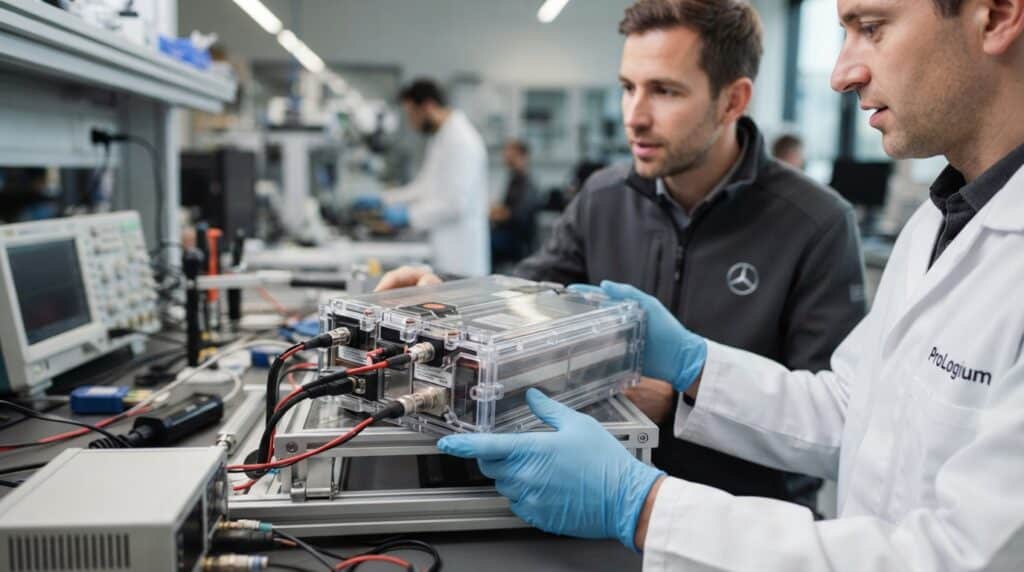 Mercedes ve ProLogium'dan Katı Hal Batarya Hamlesi 2 Bir laboratuvarda ProLogium logolu beyaz önlük giymiş bir araştırmacı ve Mercedes logolu gri ceketli bir kişi, şeffaf muhafazalı bir katı hal batarya prototipin