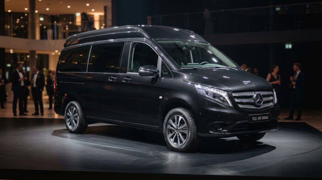 Siyah renkteki Mercedes VLE 400 4Matic VIP minibüs, iç mekandaki dairesel bir sahnede sergileniyor.