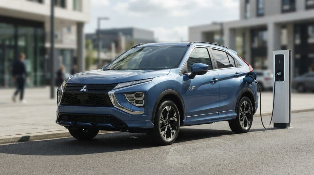 Şarj istasyonuna bağlı mavi renkli Mitsubishi Eclipse Cross elektrikli otomobil, şehir içi caddede park halindedir.