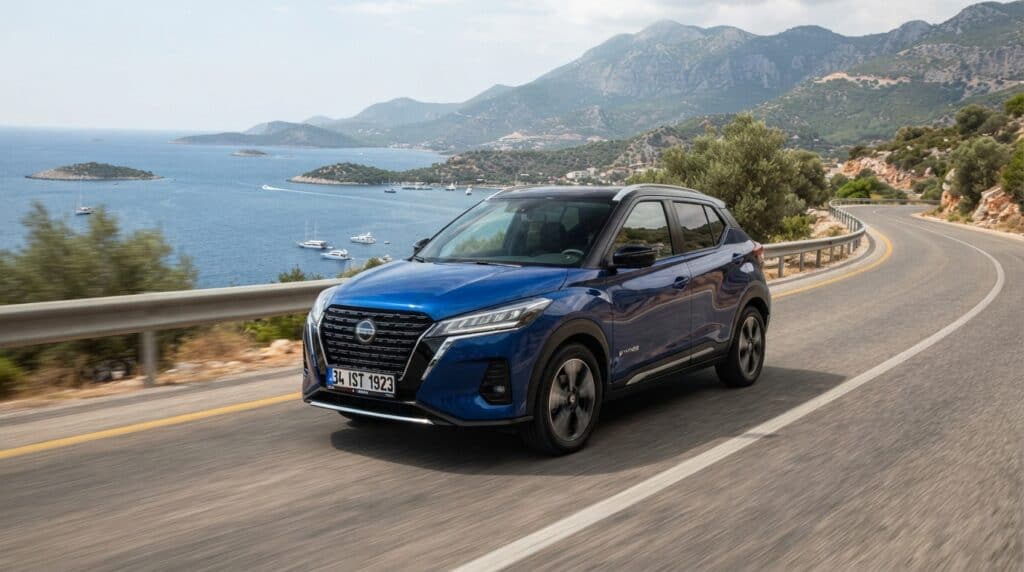 Nissan Kicks e-POWER Türkiye Yolunda: Önemli Detaylar ve Sınıfındaki Konumu 1 Mavi renkli bir Nissan Kicks e-POWER, sahil kenarındaki virajlı bir yolda seyrediyor.