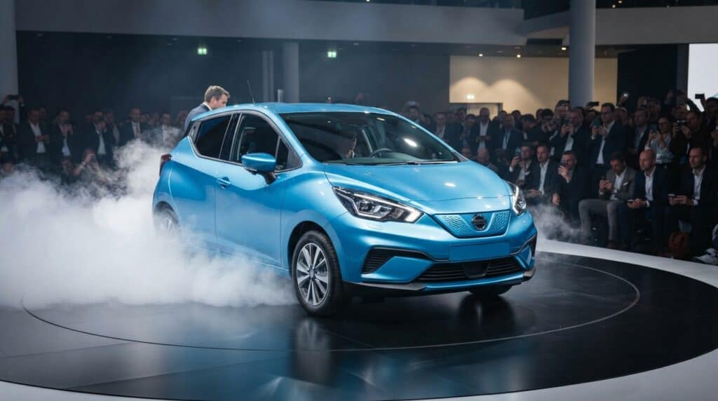Yeni Nissan Pixo elektrikli otomobil, duman efektleri eşliğinde fuar sahnesinde sergileniyor.