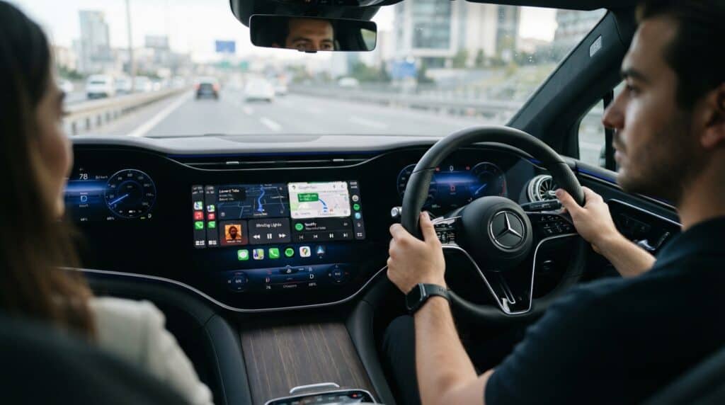 Apple CarPlay ve Android Auto arayüzlerinin bulunduğu geniş ekranlı bir Mercedes otomobil kokpiti, sürücü ve yolcu.