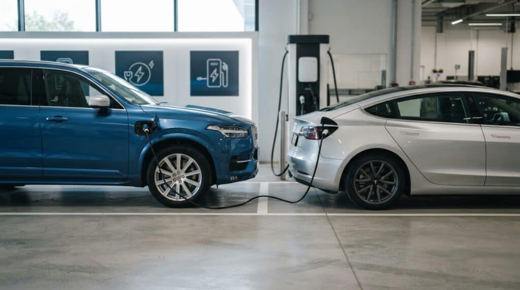 Bir şarj istasyonunda yan yana park edilmiş ve şarj edilen mavi bir Volvo SUV ile gri bir Tesla sedan araçlar görülüyor.