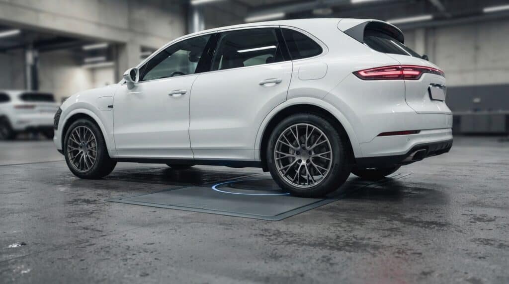 Porsche Cayenne Elektrikli Versiyonu İçin Kablosuz Şarj Dönemi Başlıyor 8 Beyaz renkli Porsche Cayenne elektrikli SUV, zemine entegre edilmiş kablosuz şarj ünitesinin üzerinde duruyor.