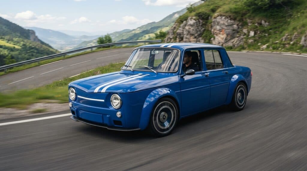 Dağ yolunda virajı dönen, beyaz şeritli mavi renkli elektrikli Renault 8 Gordini konsept otomobil.