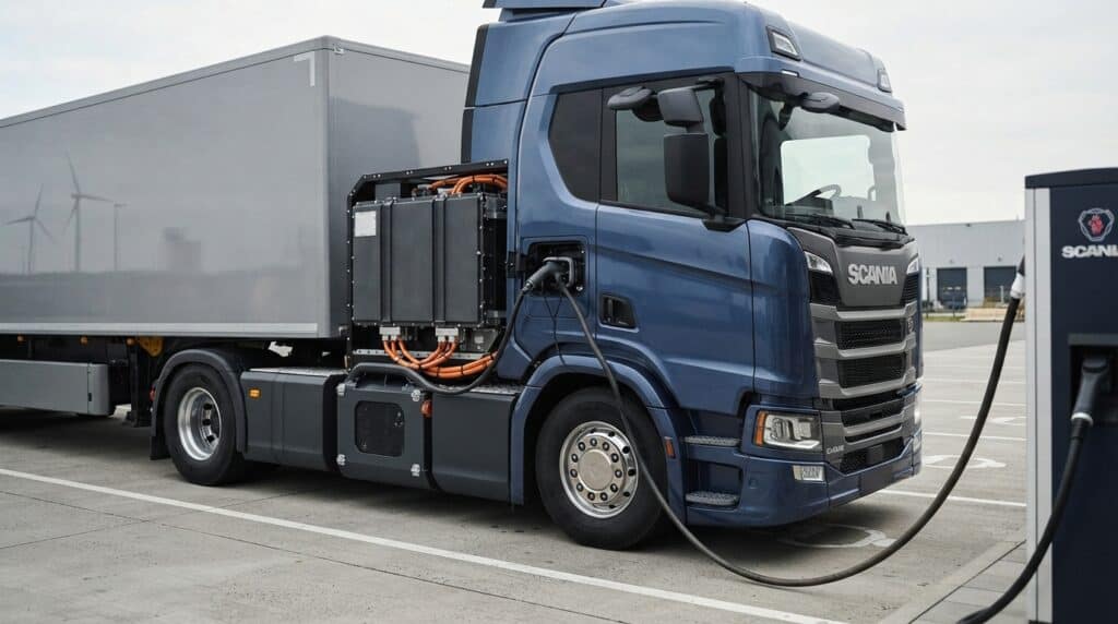 Park halindeki mavi renkli Scania elektrikli çekici tırı, kabin arkasına monte edilmiş batarya paketinden şarj ediliyor.